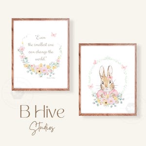 Láminas de arte para habitación de conejito, Beatrix Potter, abrigo rosa de Peter Rabbit, arte vintage, arte para habitación de niña, arte en acuarela, jardín, floral