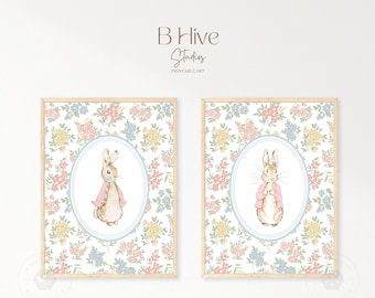 Peter Rabbit Kinderzimmer Kunstdrucke, Beatrix Potter, Kinderzimmer Wandkunst, Vintage Kunst, Mädchen Kinderzimmer Kunst, Aquarellkunst, Häschen, Blumen, Set