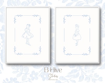 Vintage Girls Illustration Print: Blue Toile Nursery Decor (Digital Download)