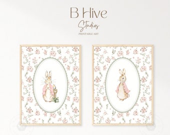 Vintage Peter Rabbit Nursery Prints, Beatrix Potter Floral Watercolor Art (Digital Download)