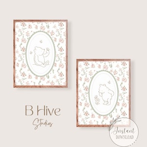 Classic Winnie the Pooh Nursery Art Prints, Pooh Bear Art, Girl Nursery Prints, Winnie Art,  Pink Nursery Decor, Flower Art