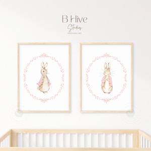 Vintage Peter Rabbit Nursery Art, Peter Rabbit, Pink Girls Nursery Art, Arte de la acuarela, Impresiones de arte infantil, Arte de las niñas, Arte del libro clásico