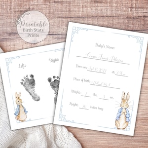 Statistiques de naissance nouveau-né de style vintage, faire-part de naissance Peter Rabbit, remplir les statistiques de bébé vierges art imprimable pour chambre d'enfant, cartes de statistiques de naissance