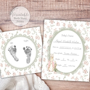Statistiques de naissance nouveau-né de style vintage, faire-part de naissance Peter Rabbit, remplir les statistiques de bébé vierges art imprimable pour chambre d'enfant, cartes de statistiques de naissance