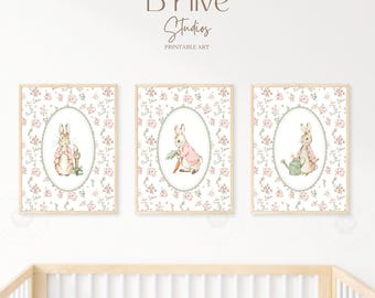 Mädchen Vintage Peter Rabbit Kinderzimmer Kunstdrucke, Beatrix Potter, Kinderzimmer Wandkunst, Mädchen-Kinderzimmer-Kunst, Aquarellkunst, Häschen, weich geblümt