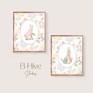 Vintage Peter Rabbit kinderkamer kunstprints, Beatrix Potter, kunst aan de muur kinderkamer, vintage kunst, meisjes kinderkamer kunst, aquarel kunst, konijn kunst, bloemen