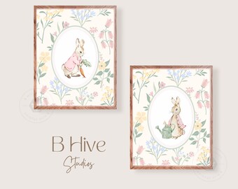 Vintage Peter Rabbit Kinderzimmer Kunstdrucke, Beatrix Potter, Kinderzimmer Wandkunst, Vintage Kunst, Mädchen-Kinderzimmer-Kunst, Aquarellkunst, Häschen, Blumen