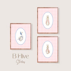 Arte de guardería vintage de Peter Rabbit, Peter Rabbit, arte de guardería de niñas en rosa y azul, impresiones de arte de guardería, decoración de cabañas, arte de libros clásicos