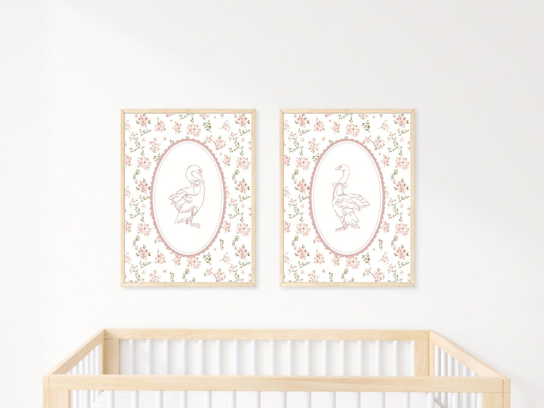 Vintage Nursery Art Prints, Animal Nursery Art, Cottagecore Nursery, Swan Art, Floral Nursery