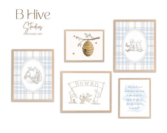 May include: A set of five Winnie the Pooh themed nursery prints. The prints feature a beehive, a plaid background with Winnie the Pooh and Piglet, a quote from Winnie the Pooh, a name banner with the name Rowan, and a plaid background with Winnie the Pooh and Tigger.