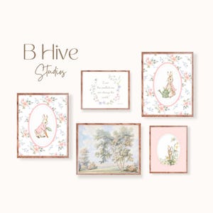 Arte de pared de Peter Rabbit para niñas, impresiones vintage para guardería, Beatrix Potter, flores, arte tradicional para guardería, impresión de arte en acuarela, paisaje pastel