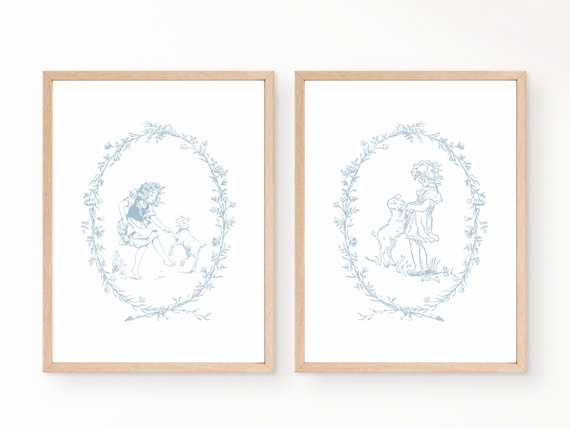Vintage Nursery Art Print: Blue Girl with Sheep Illustration (Digital Download)