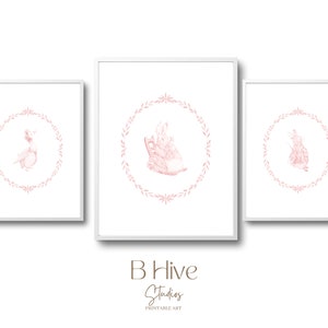 Peter Rabbit Nursery Art, Vintage Gallery Wall Prints, Peter Rabbit Book Art, Decoración de vivero rosa, Arte de vivero Toile, Vivero tradicional