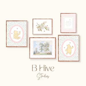 Winnie the Pooh with Butterflies Nursery Art, Vintage Wall Prints, Pink Blue, Classic Winnie Nursery Decor, Flower Art, Girls Printable Art