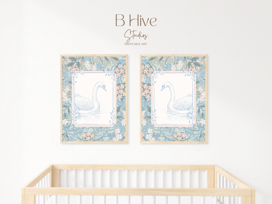 Vintage Nursery Art Prints, Swan Nursery Art, Cottagecore Nursery, Flower Art, Whimsical Nursery
