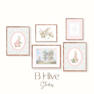 Láminas de Peter Rabbit, Beatrix Potter, Arte de pared para habitación infantil, Arte vintage para habitación infantil, Decoración para habitación de niñas, Arte en acuarela, Flor rosa y azul, Imprimible