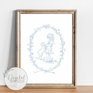 May include: A blue and white illustration of a girl and a puppy in a floral wreath. The girl is wearing a dress and the puppy is sitting on its hind legs. The illustration is on a white background.