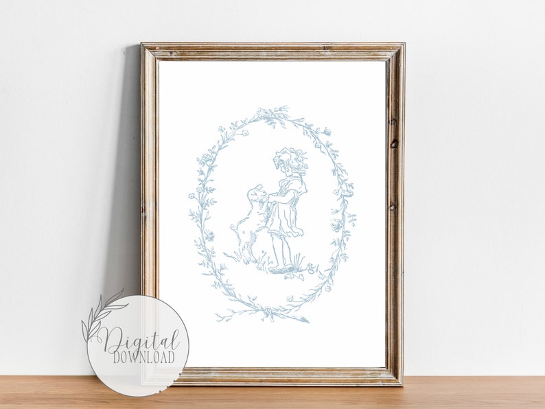 May include: A blue and white illustration of a girl and a puppy in a floral wreath. The girl is wearing a dress and the puppy is sitting on its hind legs. The illustration is on a white background.