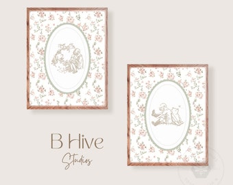 Vintage Winnie the Pooh Nursery Art: Pastel Floral Prints (Digital Download)