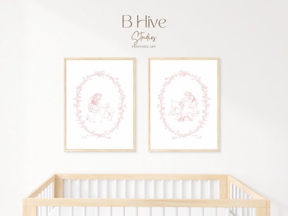 Vintage Nursery Art Print: Pink Girl & Sheep Illustration (Digital Download)