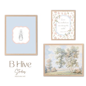 Peter Rabbit Nursery Art, Vintage Wall Prints, Beatrix Potter Book Art, Decoración de guardería azul, Arte tradicional de guardería para niñas, Cottagecore