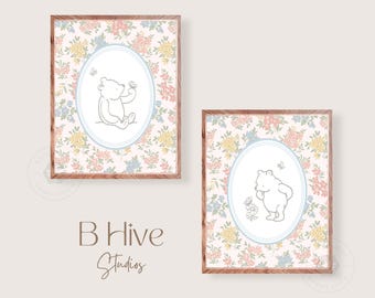 Vintage Winnie the Pooh Nursery Art: Floral Background (Digital Download)