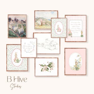 Arte de guardería de Peter Rabbit, impresiones de pared antiguas, Beatrix Potter, flores, arte de guardería tradicional para niñas, impresión de arte de acuarela, paisaje pastel