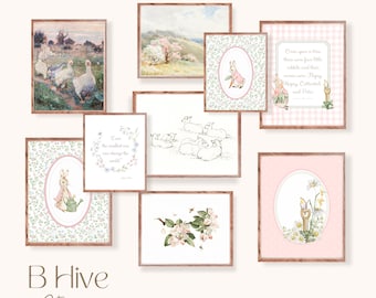 Arte de guardería de Peter Rabbit, impresiones de pared antiguas, Beatrix Potter, flores, arte de guardería tradicional para niñas, impresión de arte de acuarela, paisaje pastel