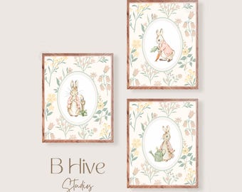 Mädchen Vintage Peter Rabbit Kinderzimmer Kunstdrucke, Beatrix Potter, Kinderzimmer Wandkunst, Mädchen-Kinderzimmer-Kunst, Aquarellkunst, Häschen, weich geblümt