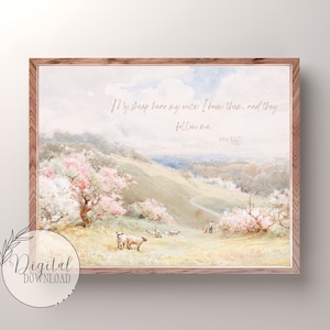 Sheep Nursery Print, Bible Verse Print, John 10 27, Watercolor Print, Flower Nursery Art, Christian Nursery Wall Art, Scripture Art, Pink