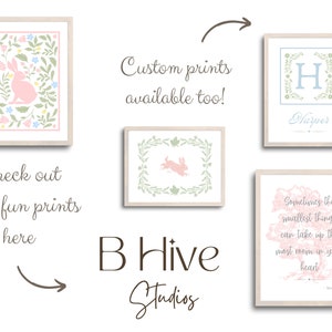 May include: Four framed prints with a floral theme. The prints feature a bunny, a letter H with the name Harper, a quote about small things taking up the most room in your heart, and a wreath with a bunny inside. The prints are all in pastel colors and have a rustic, farmhouse style.