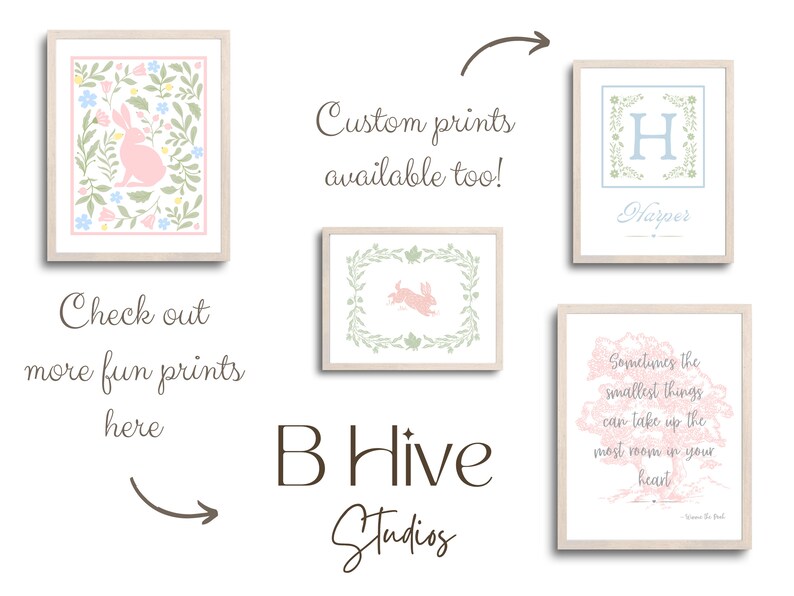 May include: Four framed prints with a floral theme. The prints feature a bunny, a letter H with the name Harper, a quote about small things taking up the most room in your heart, and a wreath with a bunny inside. The prints are all in pastel colors and have a rustic, farmhouse style.