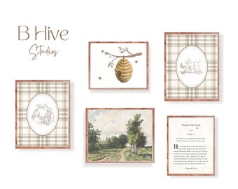 May include: A set of five framed prints with a Winnie-the-Pooh theme. The prints feature a plaid background, a beehive, a landscape scene, and a Winnie-the-Pooh quote. The prints are all in a rustic style with brown frames.