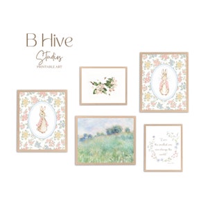 Peter Rabbit Nursery Art, Vintage Wall Prints, Libro de Beatrix Potter, Decoración floral de vivero, Arte tradicional de guardería para niñas, Impresión de arte en acuarela