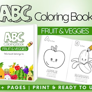 ABC Coloring Book Fruit & Veggies | Digital Download, Printable, Alphabet, Baby&#39;s first ABC book, Baby Shower Activities