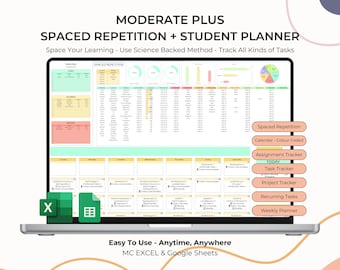 Spaced Repetition Revisionsplaner Active Recall Retrieval Übungs-Kalkulationstabelle College Studie Schule Schüler Aufgabenplaner Excel