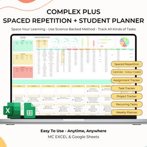 Spaced Repetition Revision Planner Active Recall Retrieval Practice Spreadsheet University Study School Student Assignment Planner Excel