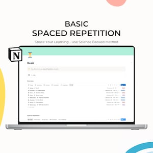 May include: A laptop with a silver frame shows a Notion template for "BASIC SPACED REPETITION." The screen displays a list of subjects, including Biology, Chemistry, and Physics, with progress indicators. The text "Space Your Learning - Use Science Backed Method" is also visible.