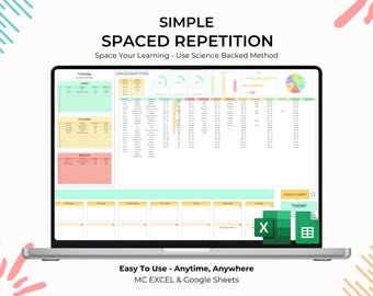 Könnte beinhalten: Ein Laptop-Bildschirm mit einer digitalen Vorlage für einen Lernplaner mit verteilter Wiederholung. Die Benutzeroberfläche zeigt farbige Tabellen, Fortschrittsdiagramme, eine Kalenderansicht und den Text Simple Spaced Repetition.