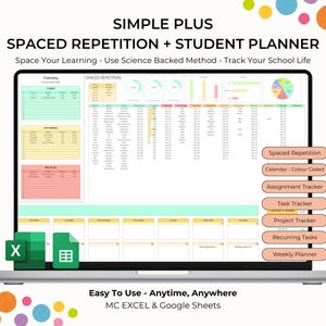 May include: A digital student planner displayed on a laptop screen, featuring a spaced repetition tracker, calendar, and assignment lists. The interface includes text labels like Simple Plus, Spaced Repetition, and Student Planner, with icons for Excel and Google Sheets.