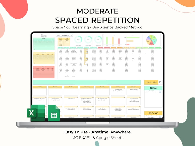 Spaced Repetition Revision Planner Active Recall Retrieval Practice Template College Study School Student Academic Exam Google Sheets image 1