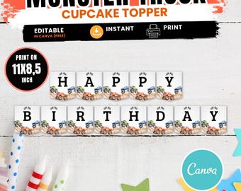Bandera de cumpleaños con temática de Monster Truck, decoración para fiestas de Monster Jam, plantilla editable de Canva, MT01