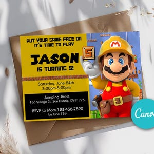 Convite de aniversário editável do Super Mário, convite digital de aniversário do Canva, convites para crianças, cartão de aniversário 5 x 7 polegadas