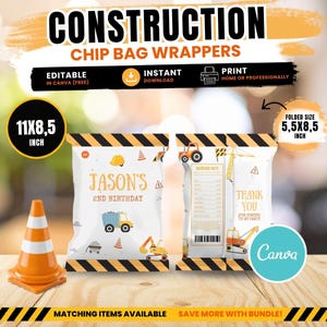 May include: Construction-themed chip bag wrappers with the text "CONSTRUCTION CHIP BAG WRAPPERS". The wrappers are white with construction vehicle graphics and the text "JASON'S 2ND BIRTHDAY". The folded size is 5.5 x 8.5 inches.