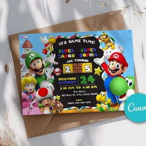 Convite de aniversário editável do Super Mário, convite digital de aniversário do Canva, convites para crianças, cartão de aniversário 5 x 7 polegadas