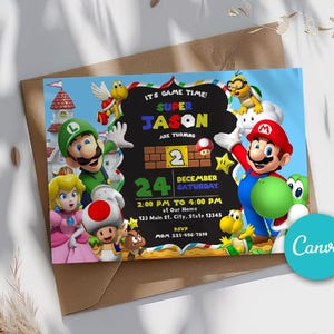 Super Mario Geburtstagseinladung, Geburtstagseinladung digital, Einladungen für Kinder, Super Mario Geburtstagskarte 5 x 7 Zoll