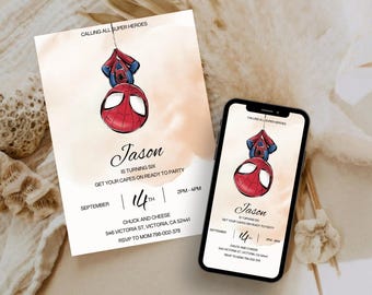 Spiderman Geburtstagseinladung, Superheld Party einladen, bearbeitbare Canva Vorlage (digitaler Download)