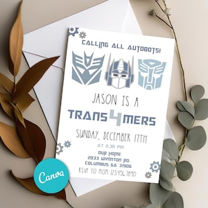 Convite de aniversário editável dos Transformers, convite de aniversário dos robôs Resque, convites para meninos, modelos de festa de aniversário do Canva 5 x 7 polegadas