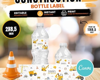 May include: Construction-themed bottle label design with the text "CONSTRUCTION BOTTLE LABEL". The label features illustrations of construction vehicles and the text "JASON'S 2ND BIRTHDAY". Includes an orange traffic cone and the text "2x8.5 inch".