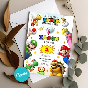 Super Mario Geburtstagseinladung, Geburtstagseinladung digital, Einladungen für Kinder, Super Mario Geburtstagskarte 5 x 7 Zoll